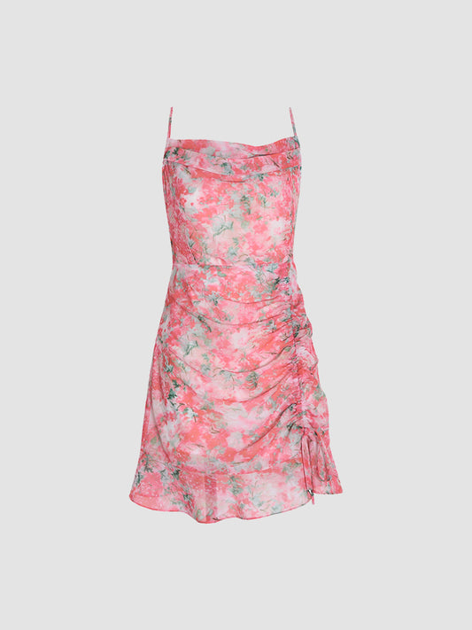 Pink Floral Halter Chiffon Dress