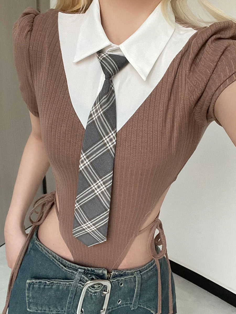 Fake Two-piece Onesie Top with Tie