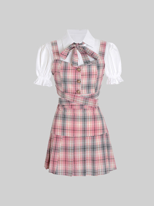 College Overlay Checkered Vest&Shirt&Skirt Three Pieces Set