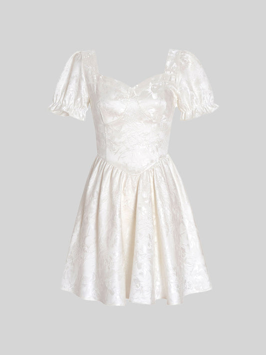 Sweet Jacquard Bubble Sleeve Creamy White Dress