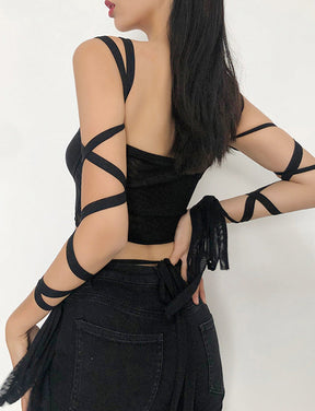 Lace-up Sleeve Mesh Cami Top