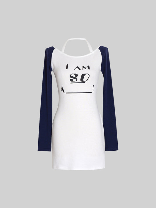 Navy Blue And White Knit Letters Dress
