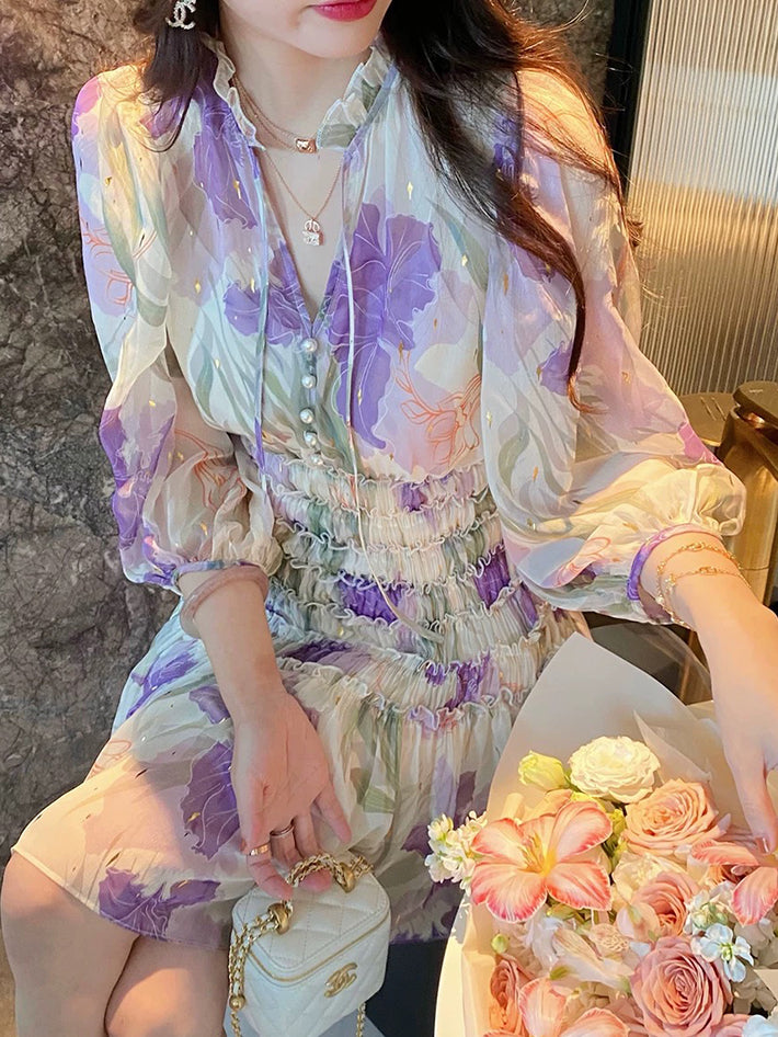 French Vintage Purple Floral Dress with Cami