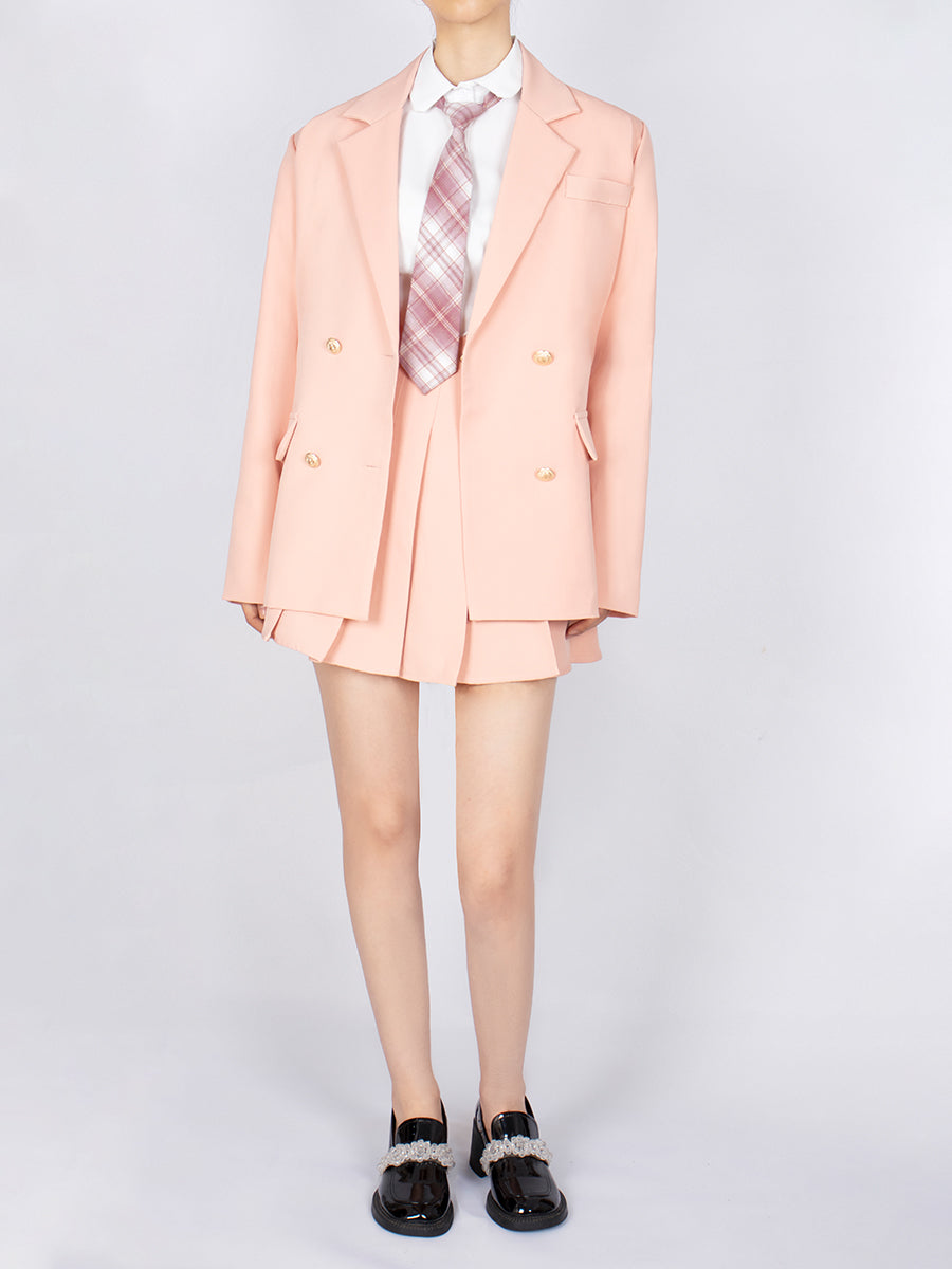 Solid Color Shirt & Skirt & Blazer with Tie Set