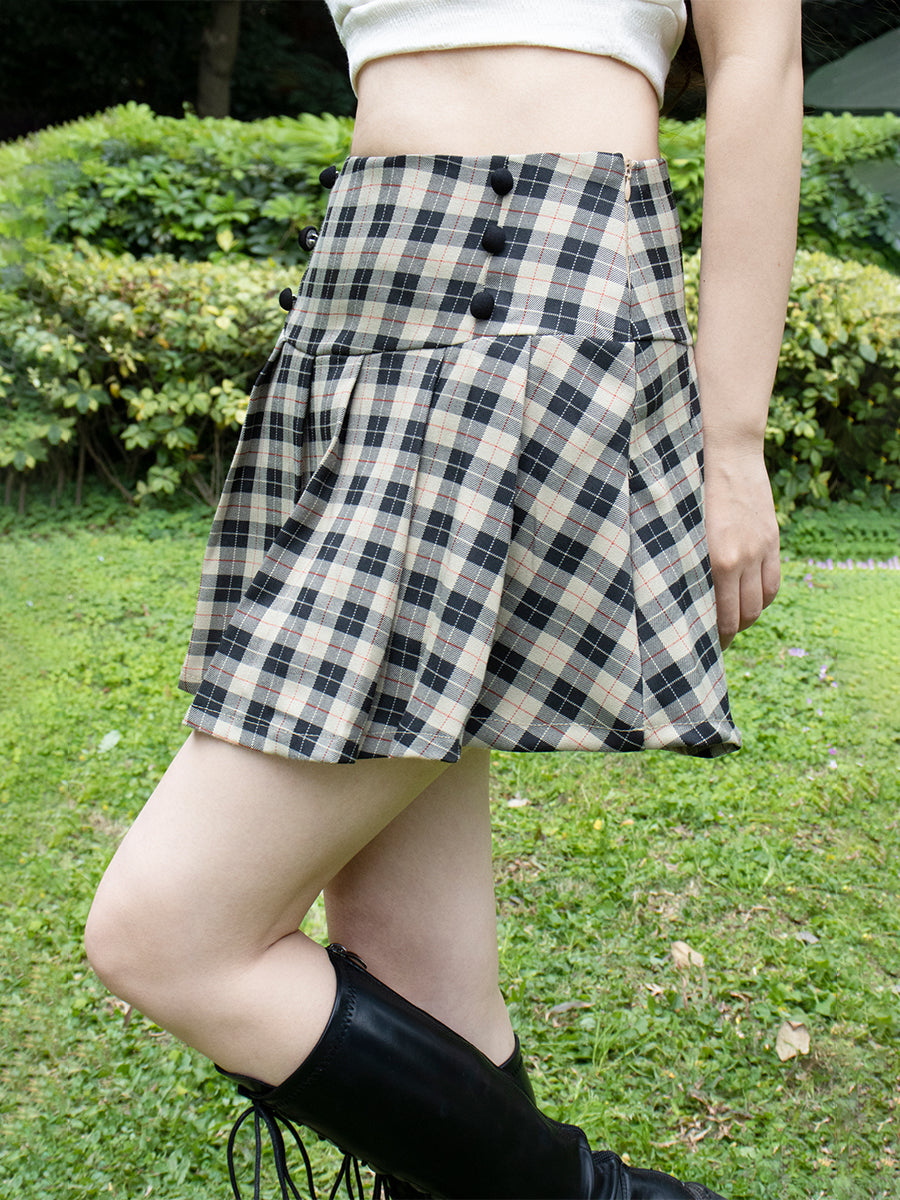 Khaki Plaid Pleated Skirt