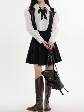 Double Collar Shirt with Knot Black Suspender Dress Two Piece Set
