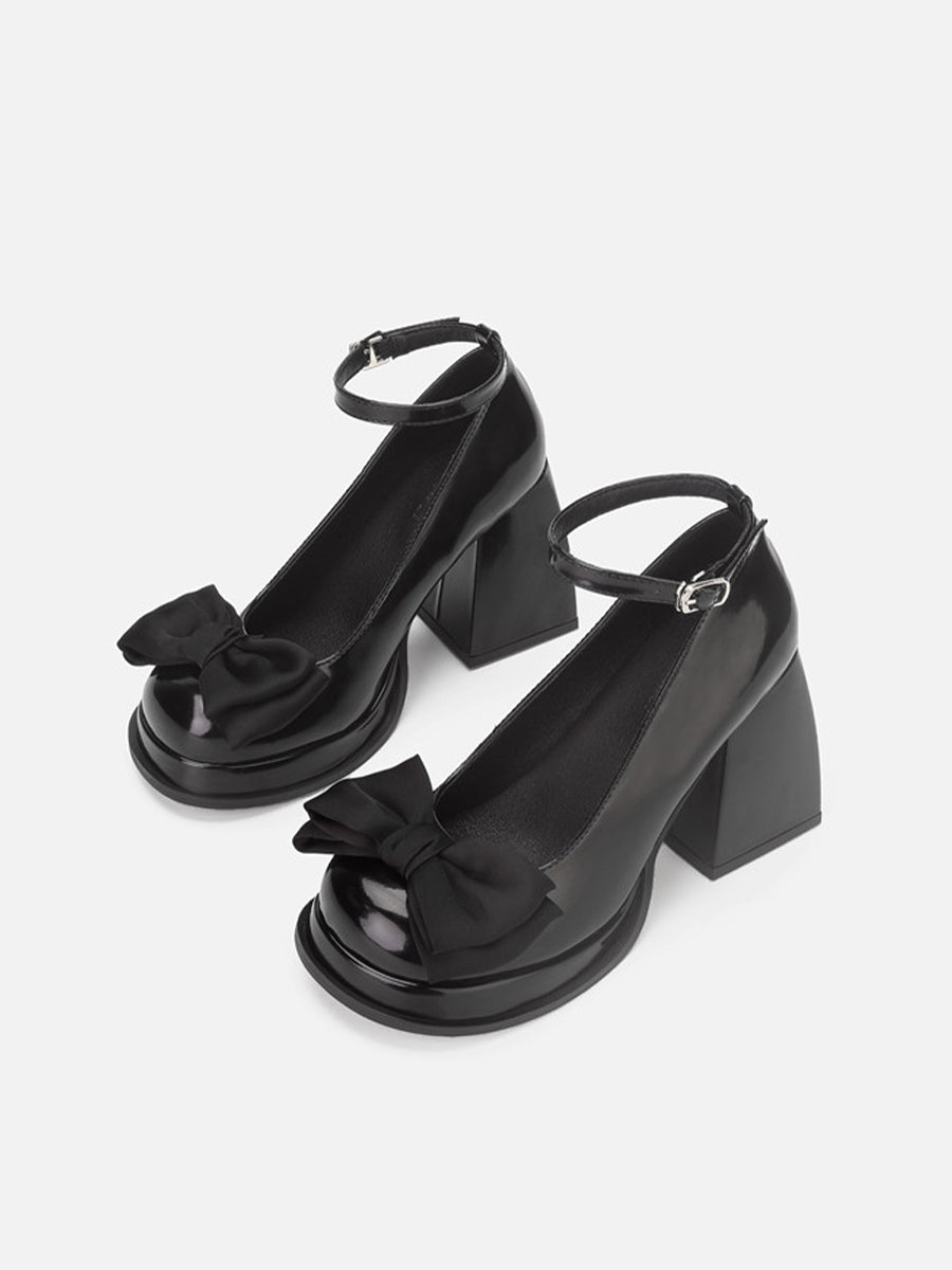 Ankle Strap Bow Tie Chunky Heeled Platform Pumps