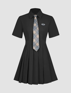 Solid Pleated Shirt Dress with Tie