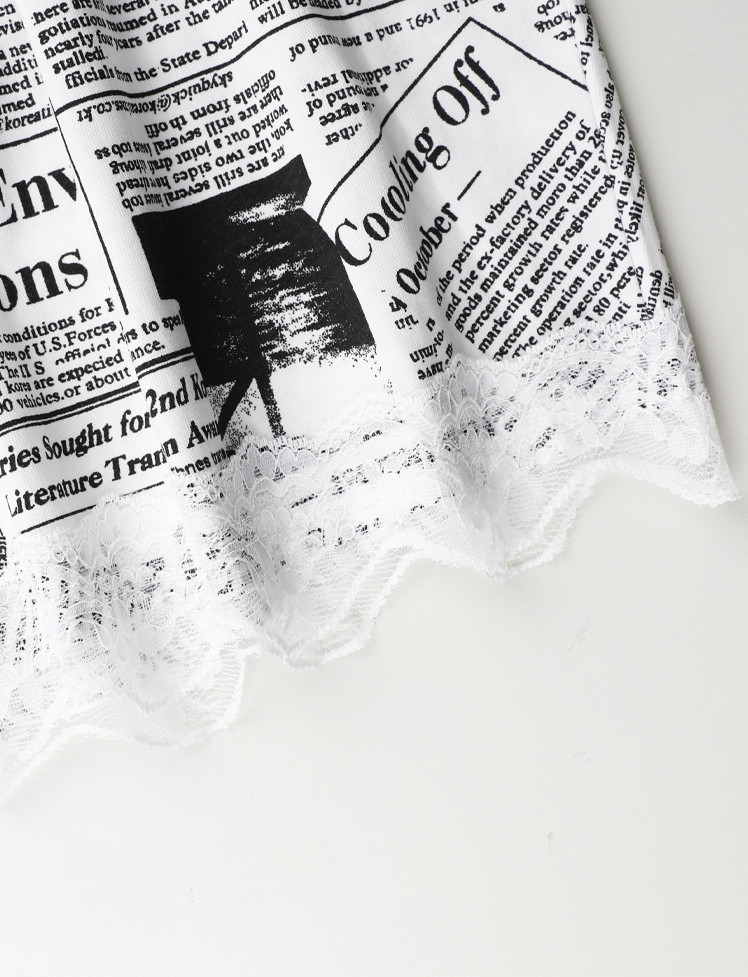 White Newspaper-print Lace-trimmed Split Dress