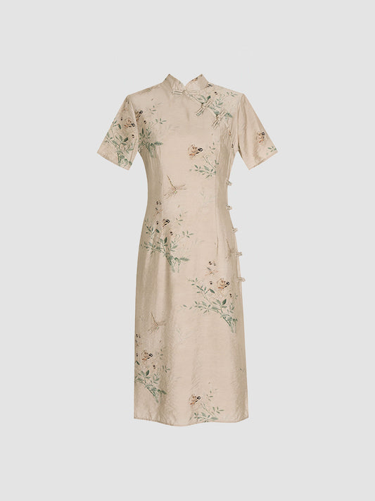 Women's Khaki Printed Chinese Cheongsam Midi Evening Dress