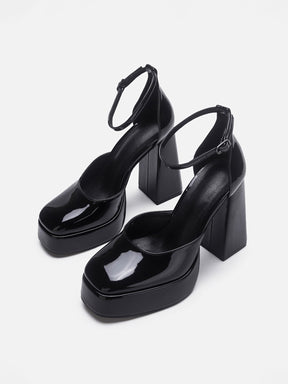 Solid Color Ankle Strap Chunky Heeled Platform Pumps