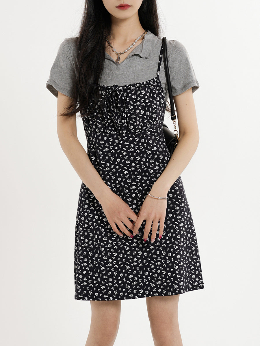 Gray Cotton Top + Floral Suspender Skirt Set