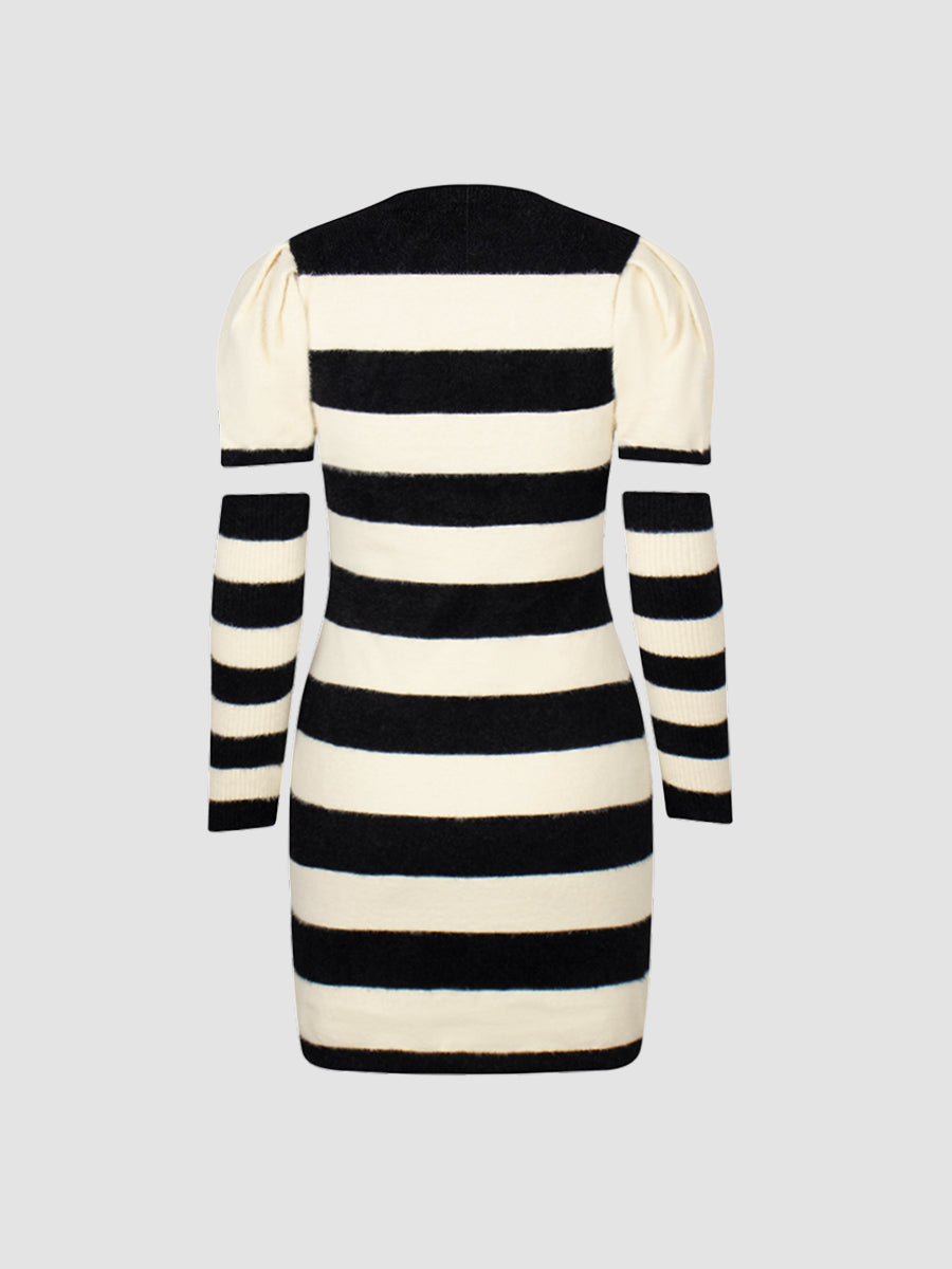 Striped Knitted Fleece Dress with Sleeve Covers