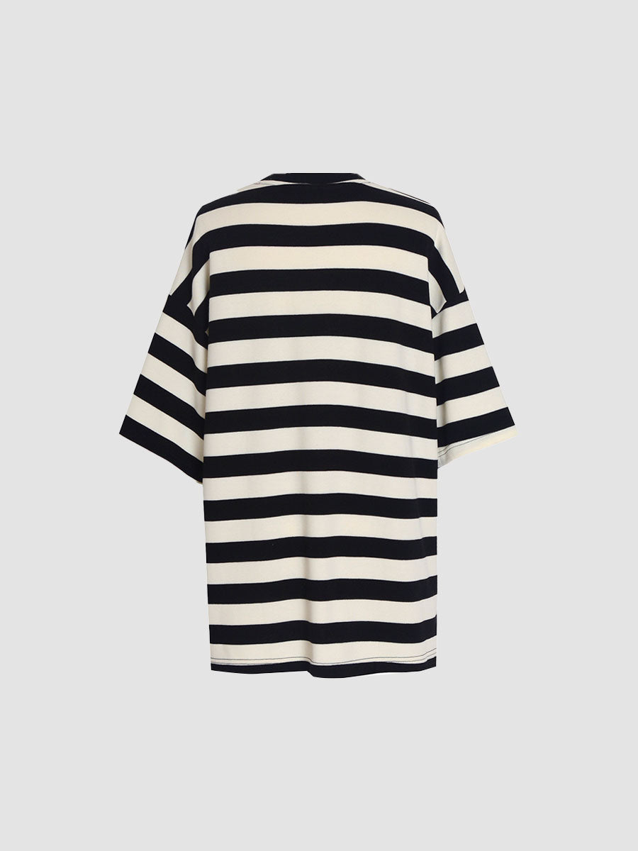Knitted Black And White Striped Loose T-shirt Top
