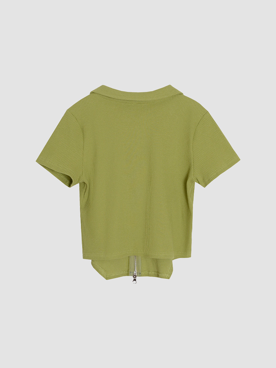 Kpop Short Sleeve Double Zipper Solid Color Top