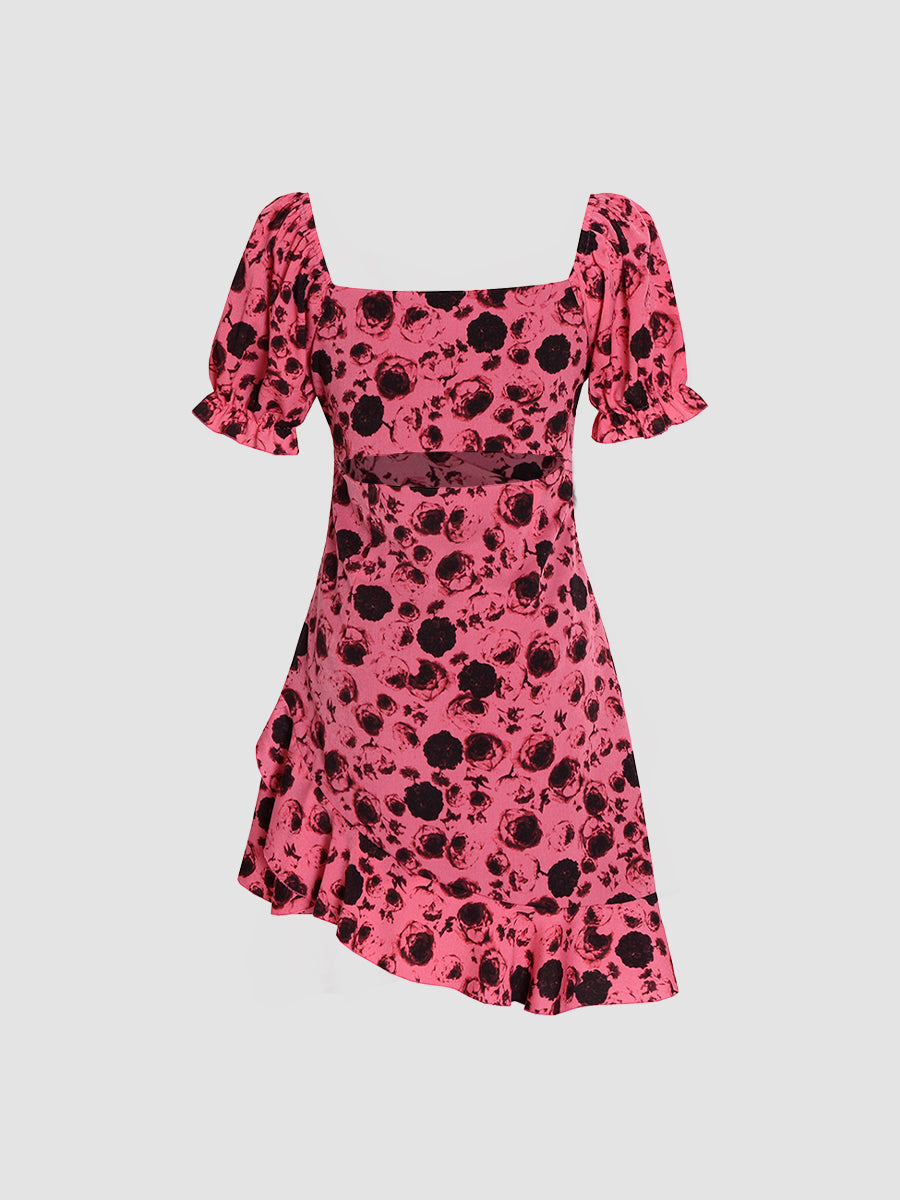 Floral Elegant Bubble Sleeve Rose Red Dress