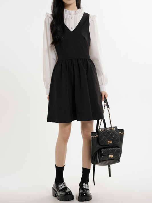Long Sleeve Shirt + Black Suspender Dress Two Piece Set