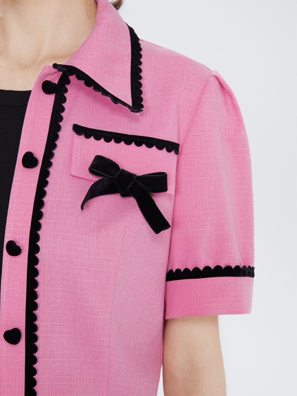 Pink Short Sleeve Top&High Waist Pleated Skirt Set