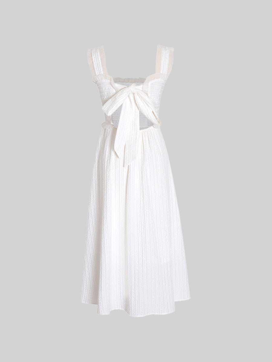Retro White Straps Hollow Bow Midi Dress