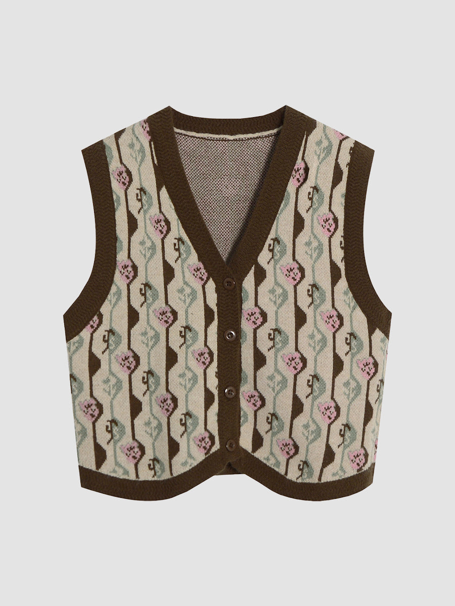 Knitted Jacquard Vest & Cotton Top Two Piece Set