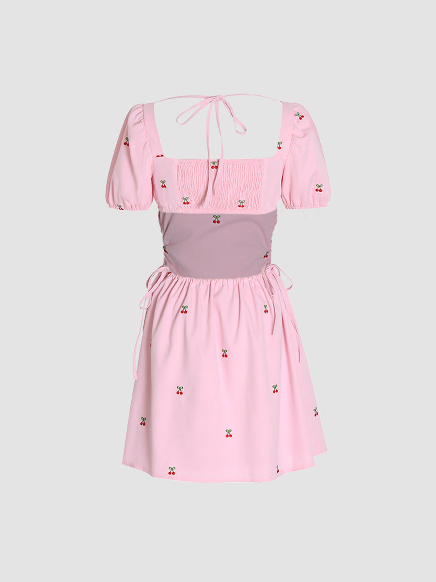 Pink Square Neck Bubble Sleeve Strappy Dress