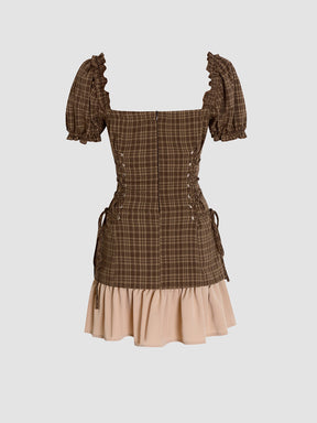 Curry Plaid Stitching Straps Bubble Sleeve Dress