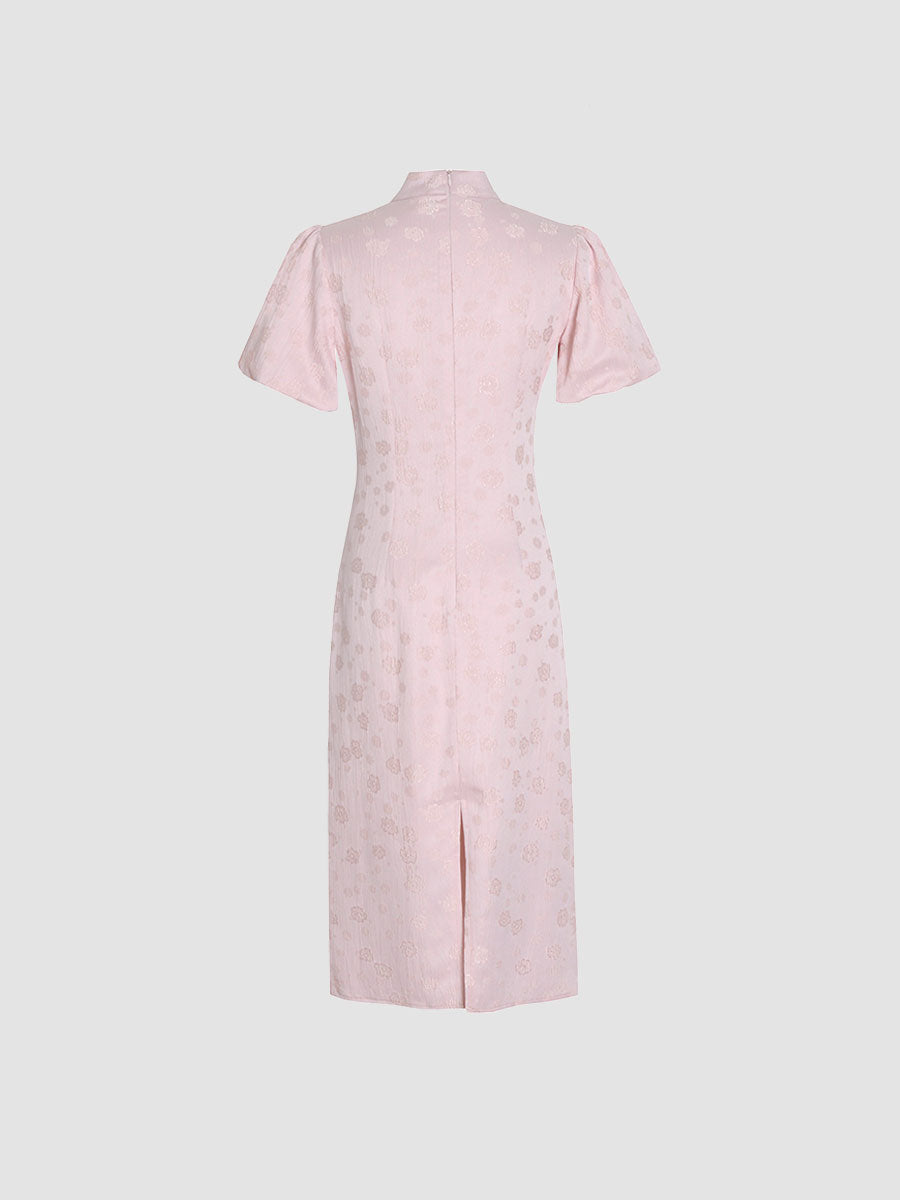 Women's Pink Jacquard Chinese Cheongsam Midi Evening Dress