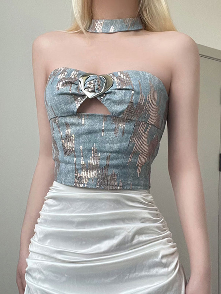 Silver Beaded Slim Fit Corset Top with Collar