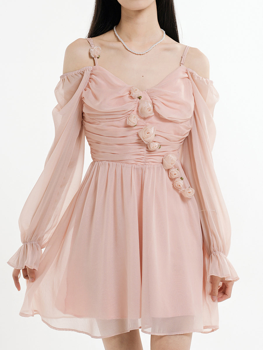 Romantic Chiffon Square Neck Bubble Sleeve Dress