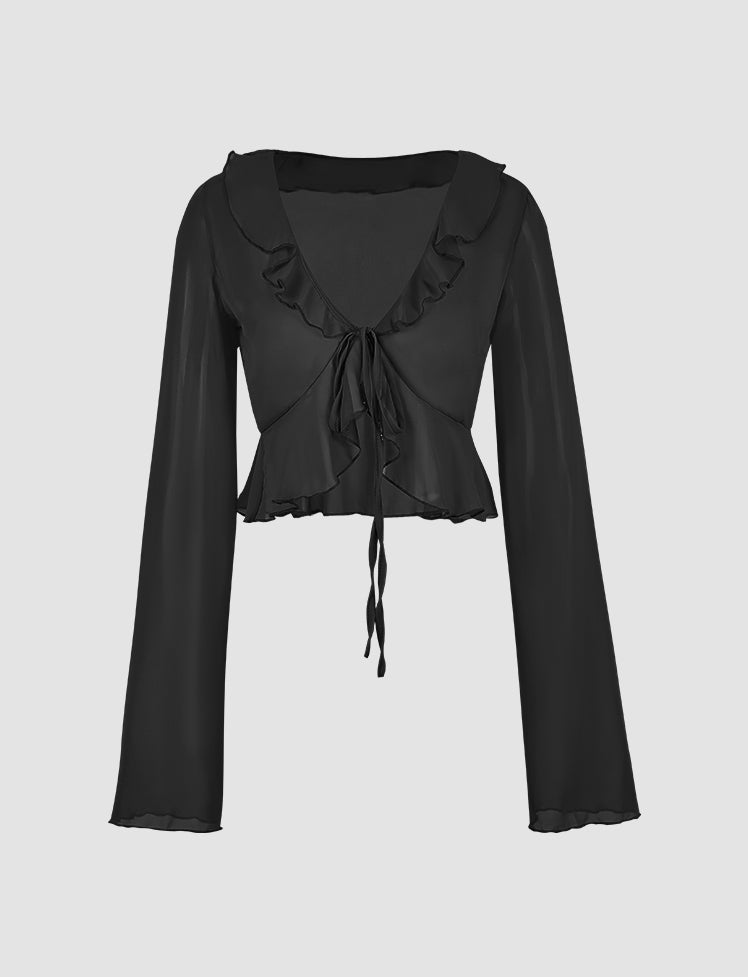 Solid Ruffled Flared Tie-up Top