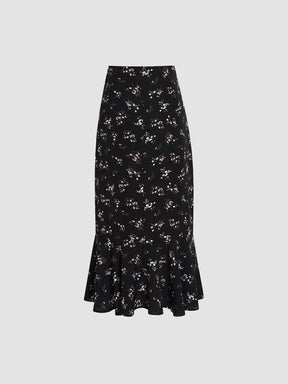Irregular Black Floral Skirt