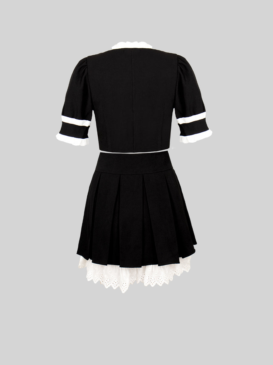 Black JK Double Breasted Short Sleeve Top&Pleated Skirt