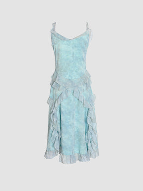 Floral Lace Lake Blue Halter Dress