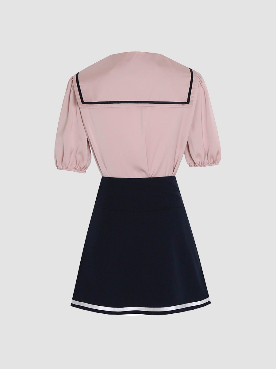 Pink Navy Collar Top &Pleated Skirt Set