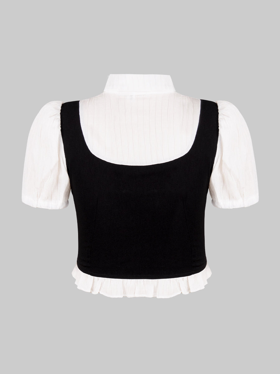 Black and White Top With Tie + Irregular Pleated Skirt Set