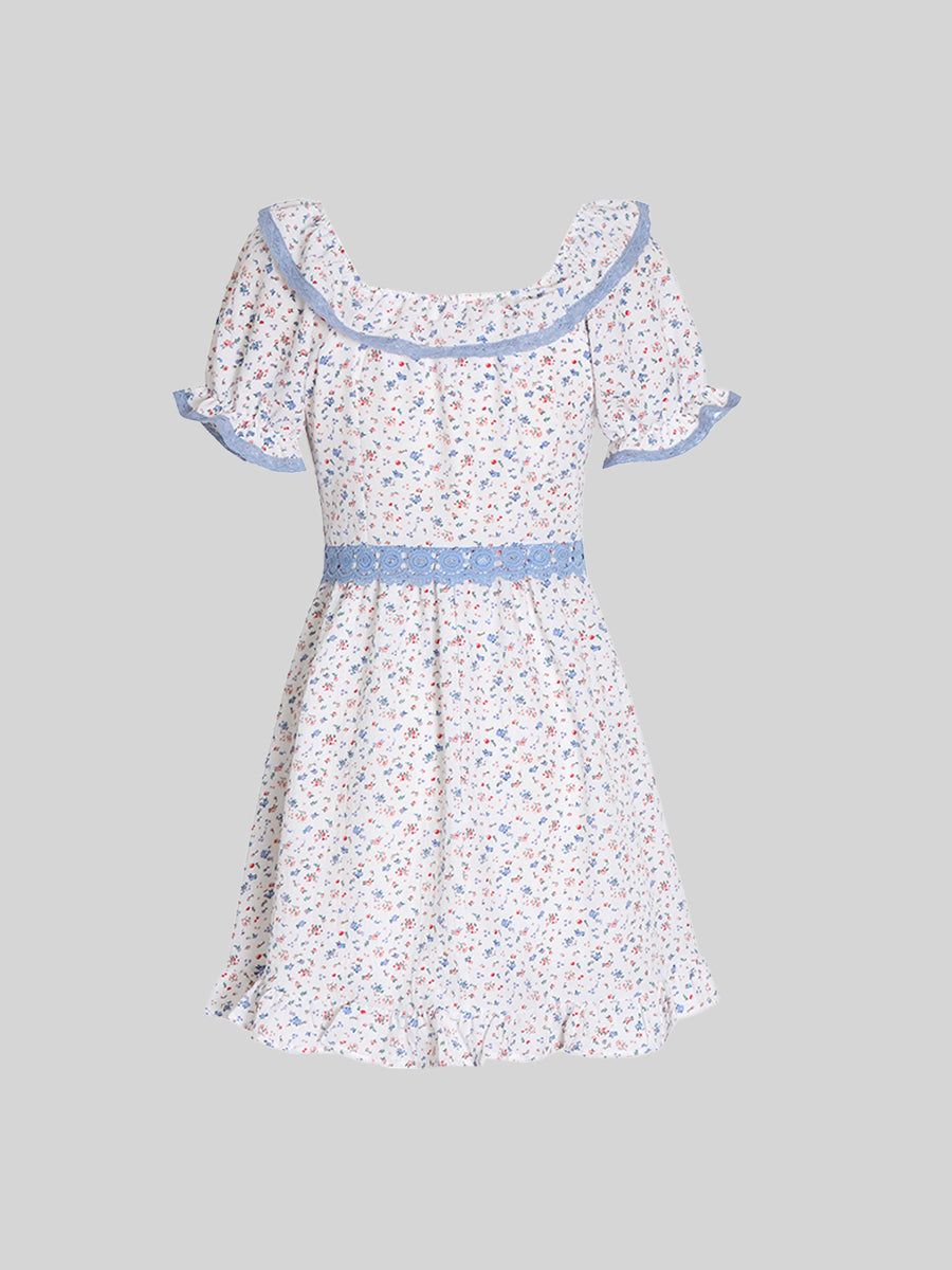 Sweet Girl Pastoral Style Floral Bubble Sleeve Dress