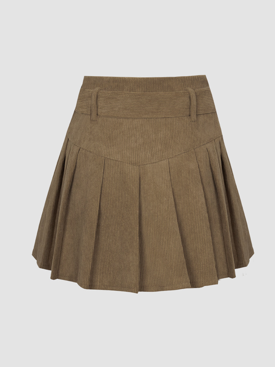 Corduroy Pleated Skirt with Belt