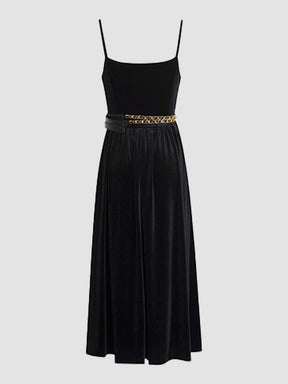 Velvet Pleated Cami Dress with Waist Chain