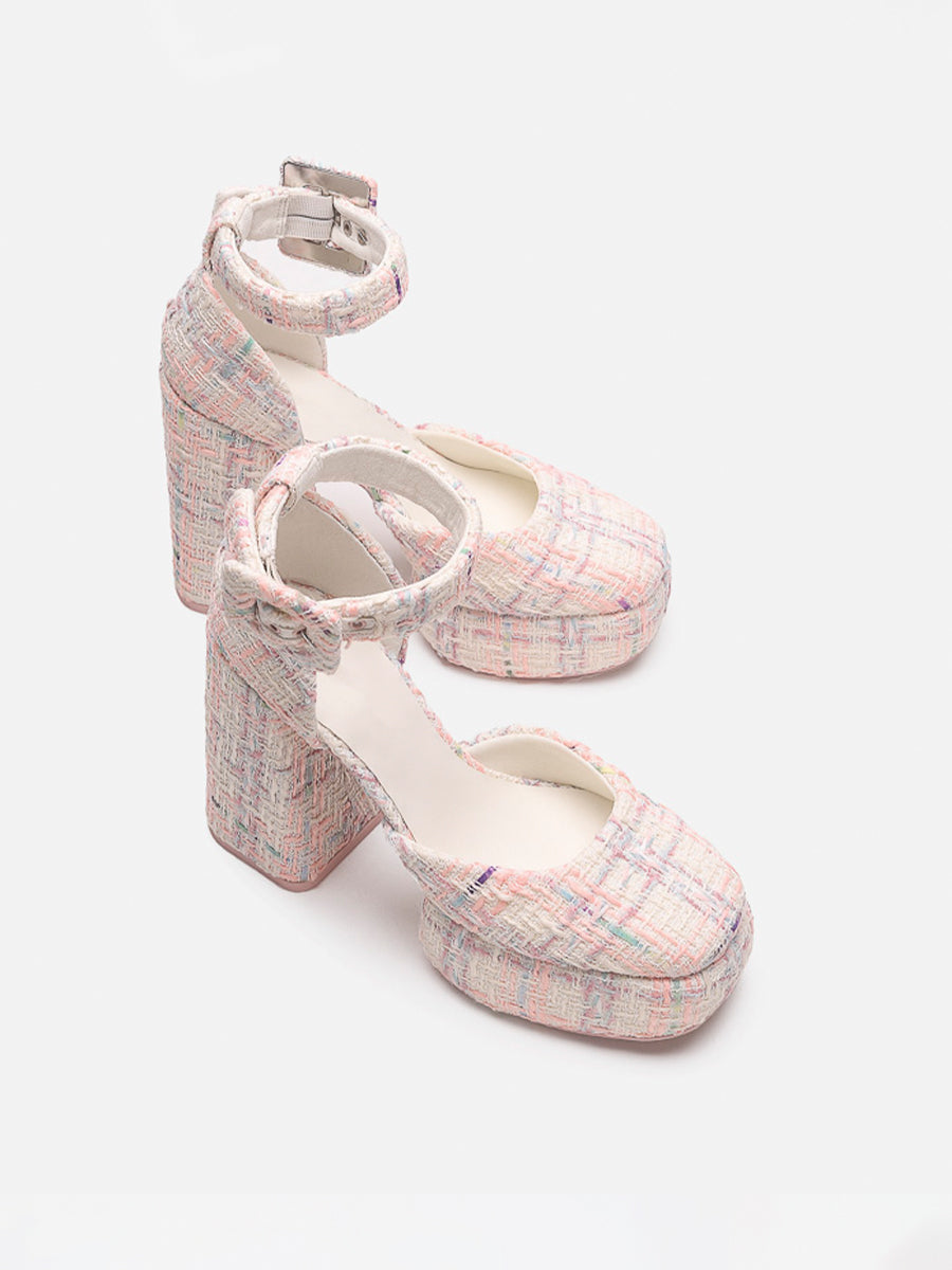 Knitted Ankle Strap Chunky Heeled Platform Pumps