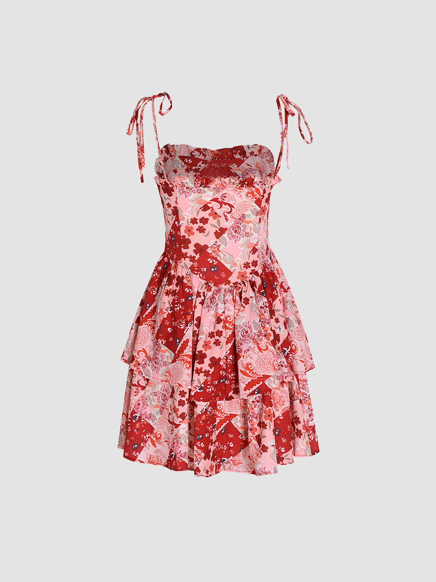 Sexy Double Hem Red Floral Halter Dress