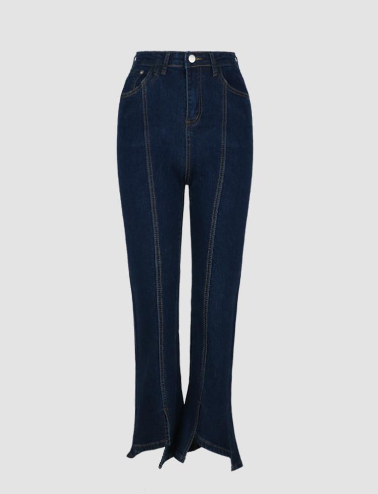 Blue Irregular Slit Flared Jeans Pants