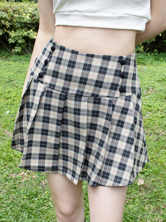 Khaki Plaid Pleated Skirt