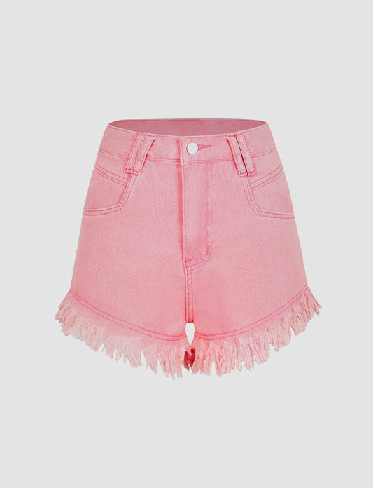 High Waist Denim Fringed Shorts