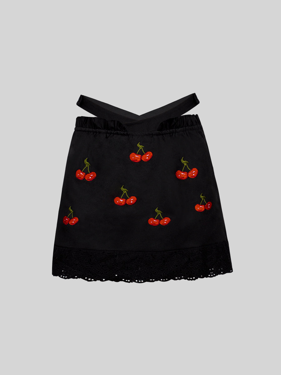 Lace Lace-up Shirt Top + Cherry Skirt Set