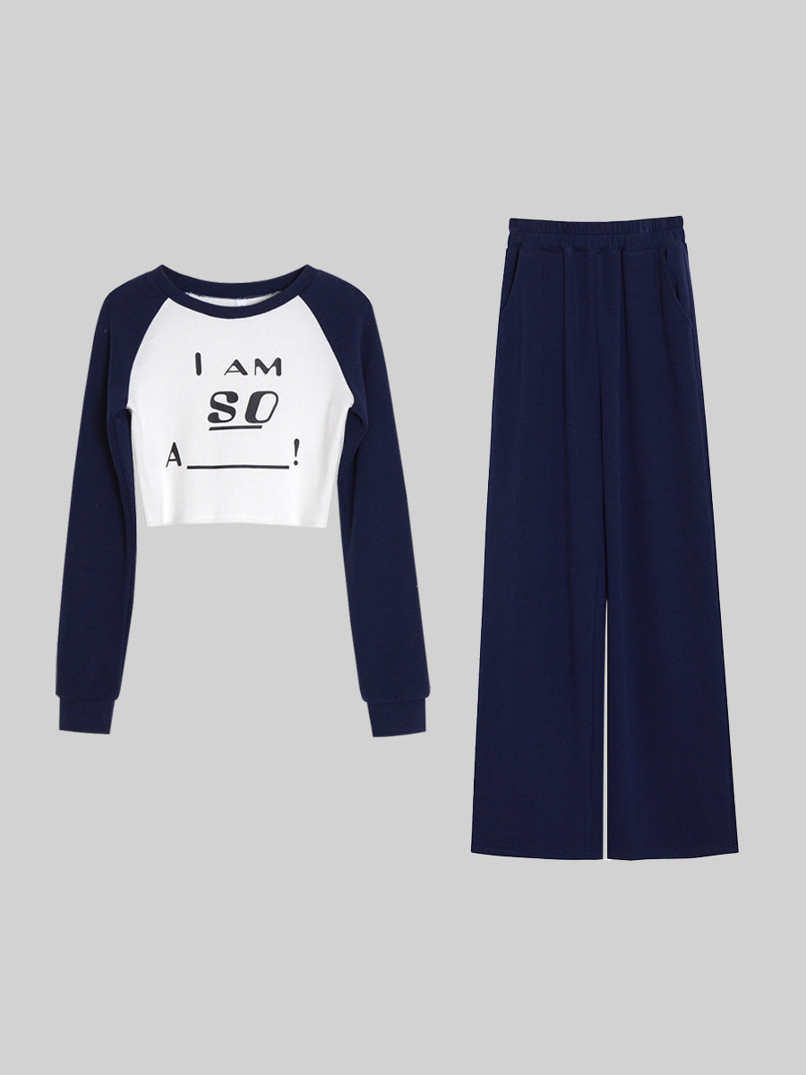 Navy And White Knitted Letters Top&Pants Set