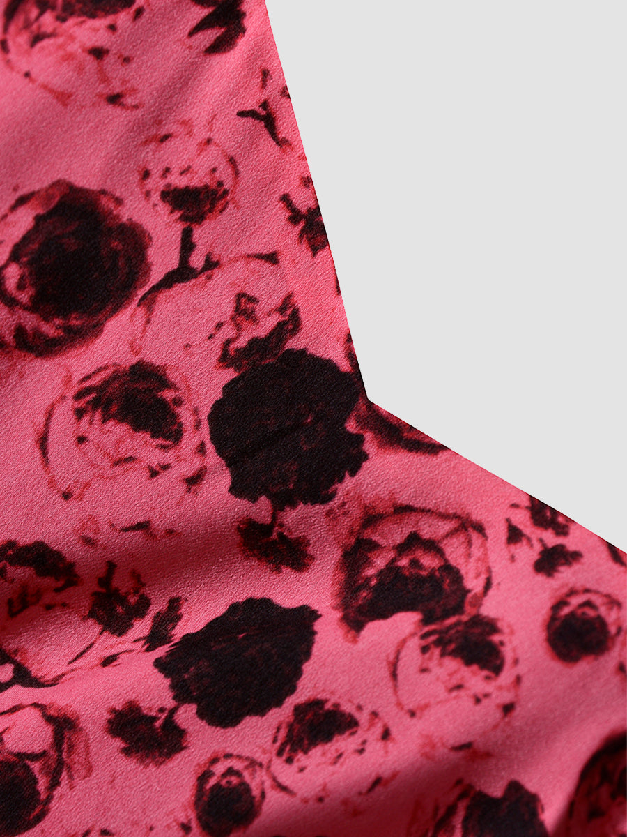 Floral Elegant Bubble Sleeve Rose Red Dress