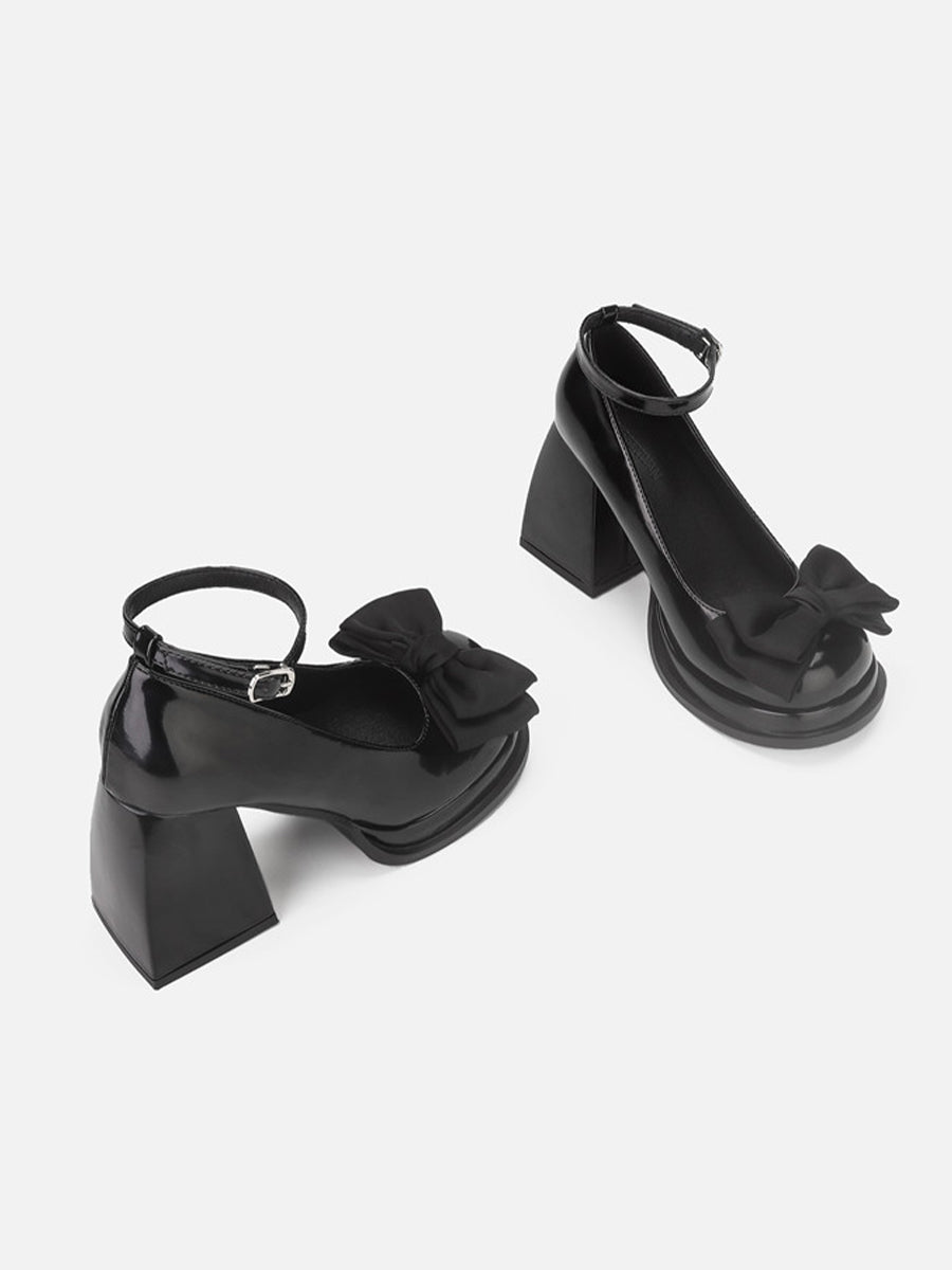 Ankle Strap Bow Tie Chunky Heeled Platform Pumps