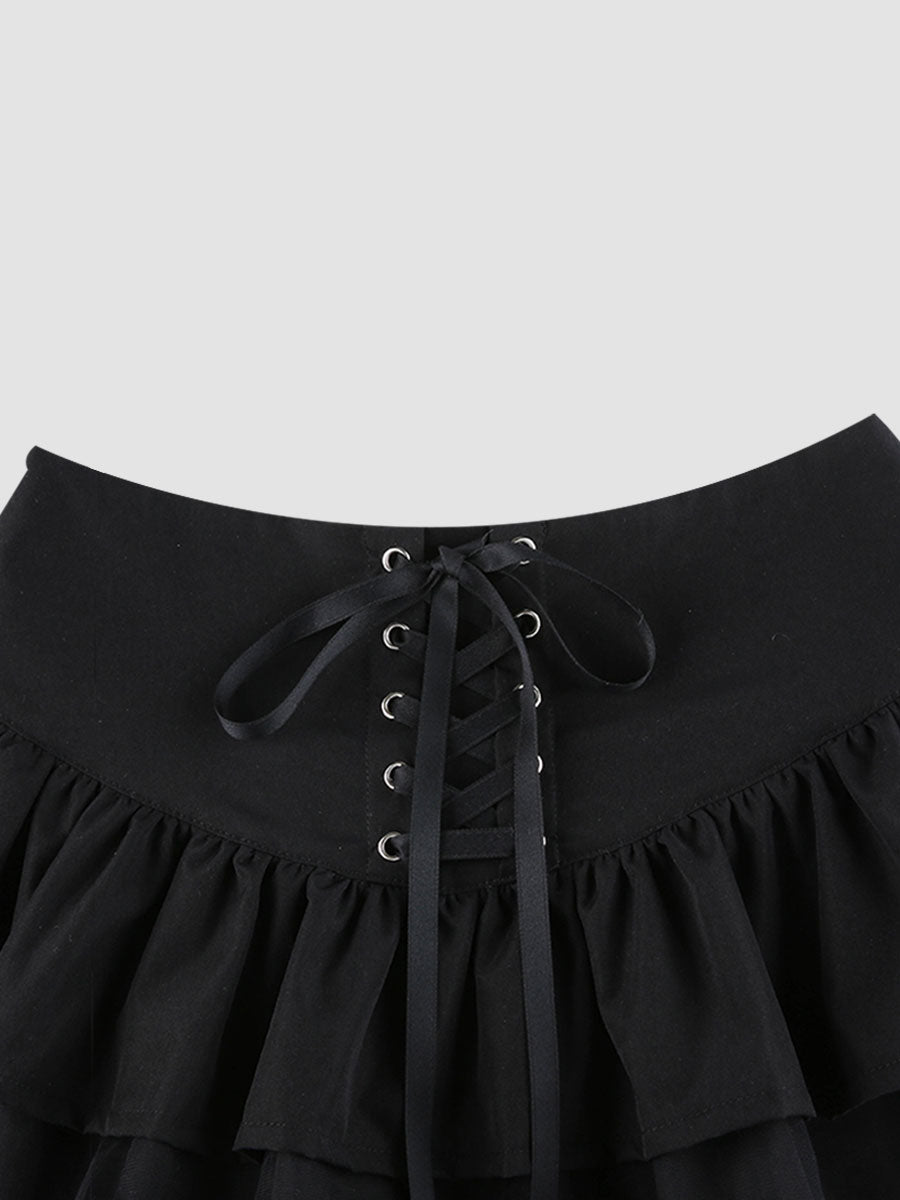 Lacing Lace Puffy Skirt Black Skirt