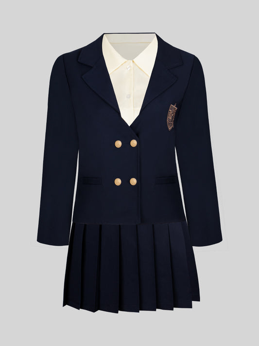 Embroidered Blazer Short Jacket + Pleated Skirt + Apricot Blouse Three Piece Set
