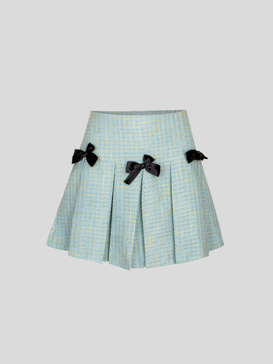 Green Bow Tweed Top&Mini Skirt Set